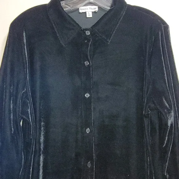 Rebecca Malone Black Velvet Button Front Large Tunic Shirt Womens L-Slv NEW - Picture 2 of 14